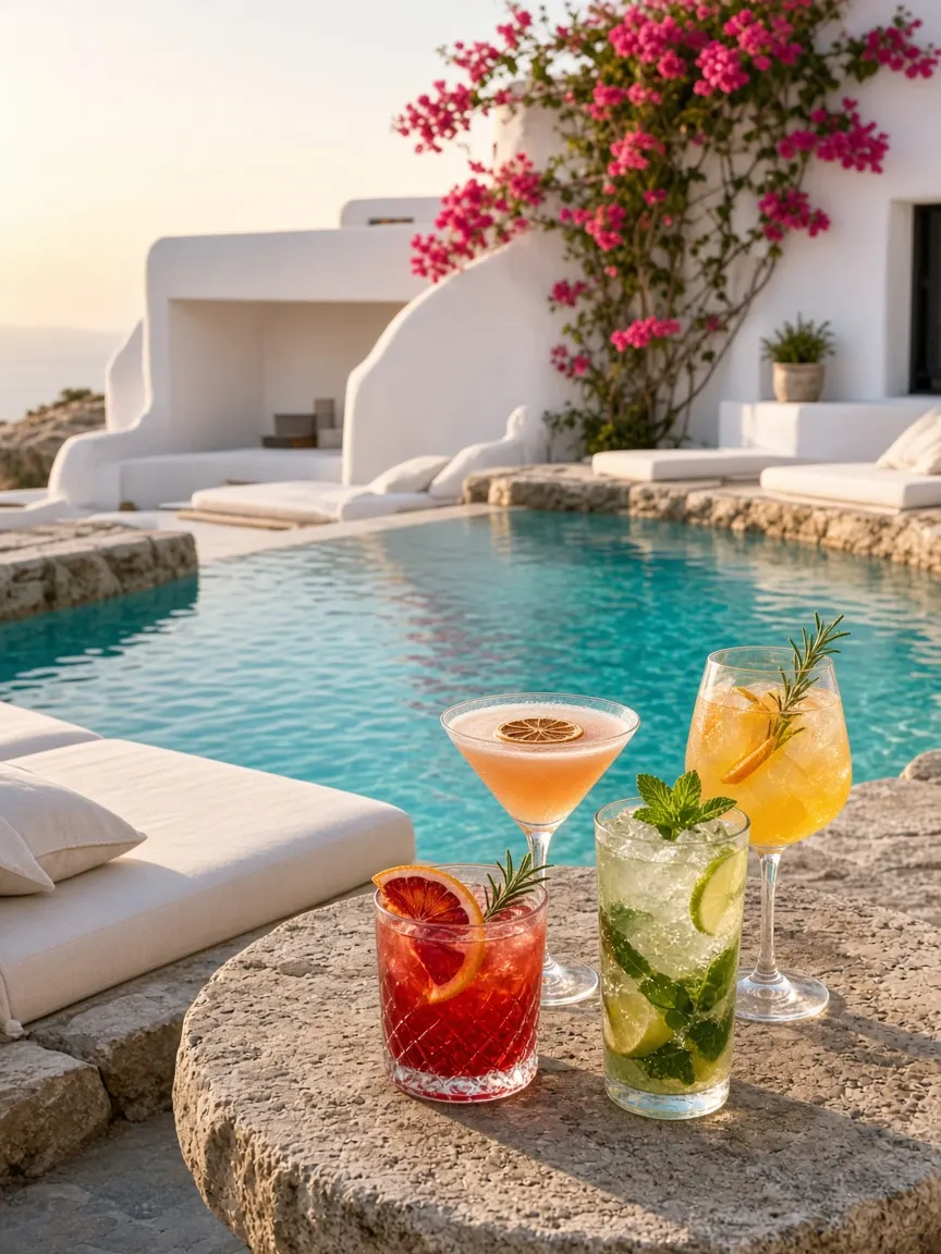 Four cocktails on a stone table beside a turquoise hotel pool at sunset
