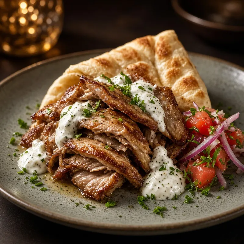 Sliced gyros with pita, tomato salad, and yogurt sauce