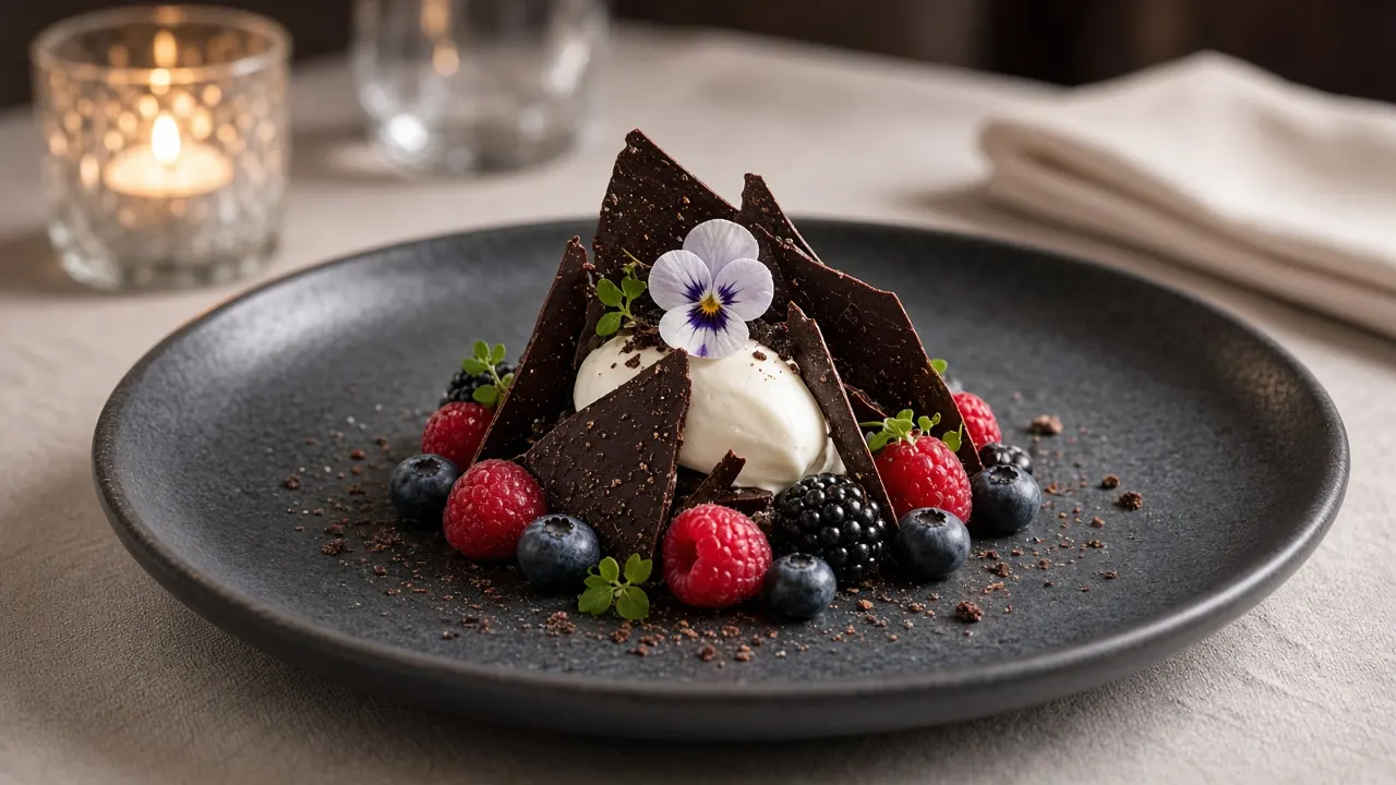 A plated dessert with chocolate shards, berries, cream, and a flower