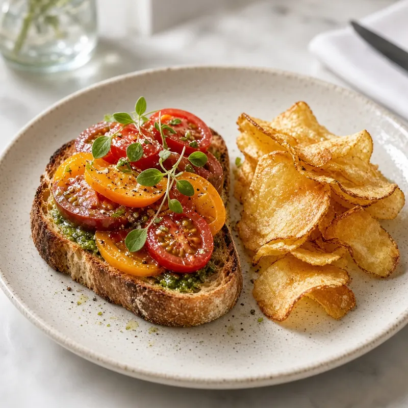 Tomato toast with herbs beside a pile of golden chips